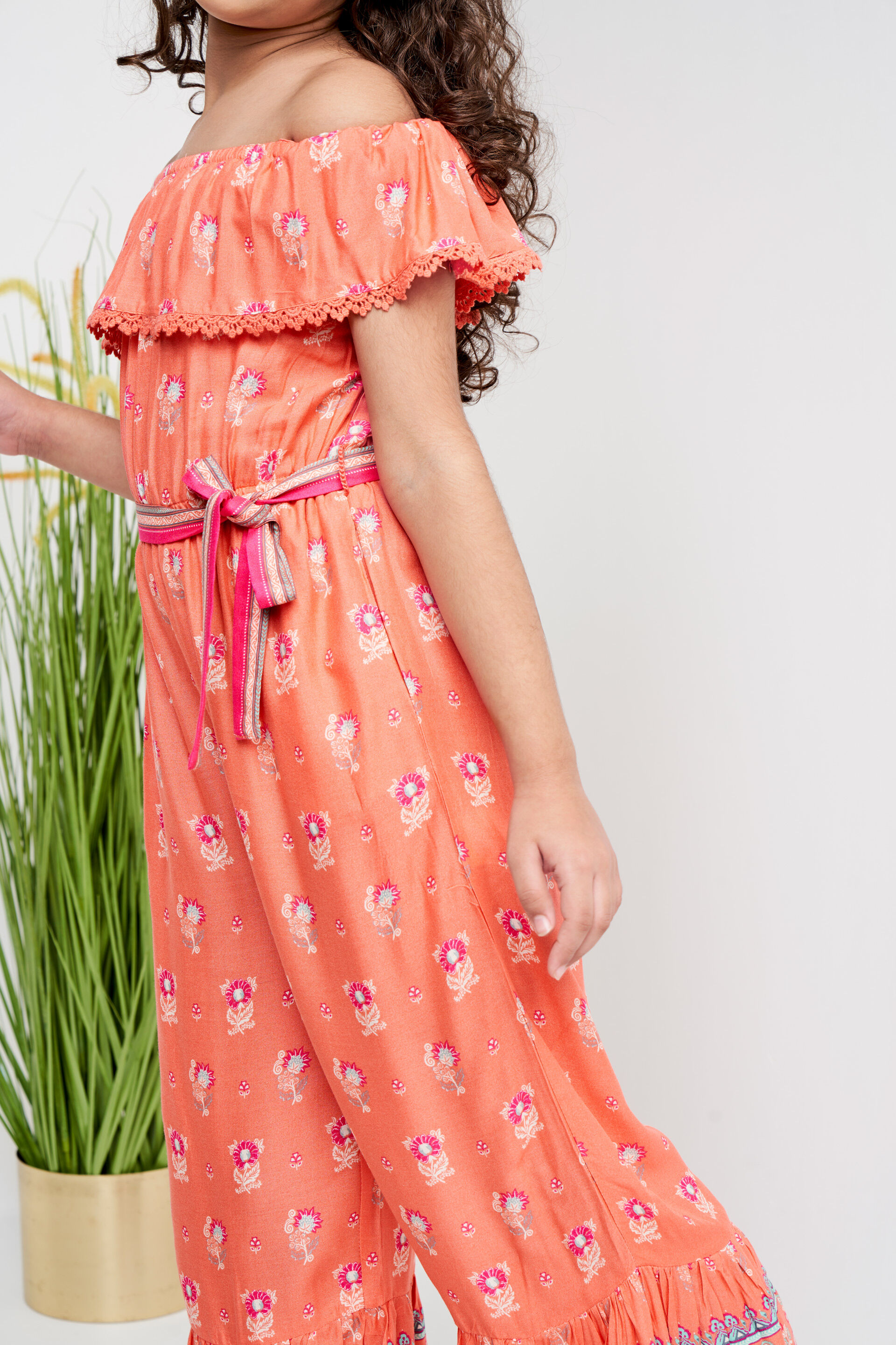 Coral Self Design Flounce Jumpsuit, Coral, image 5